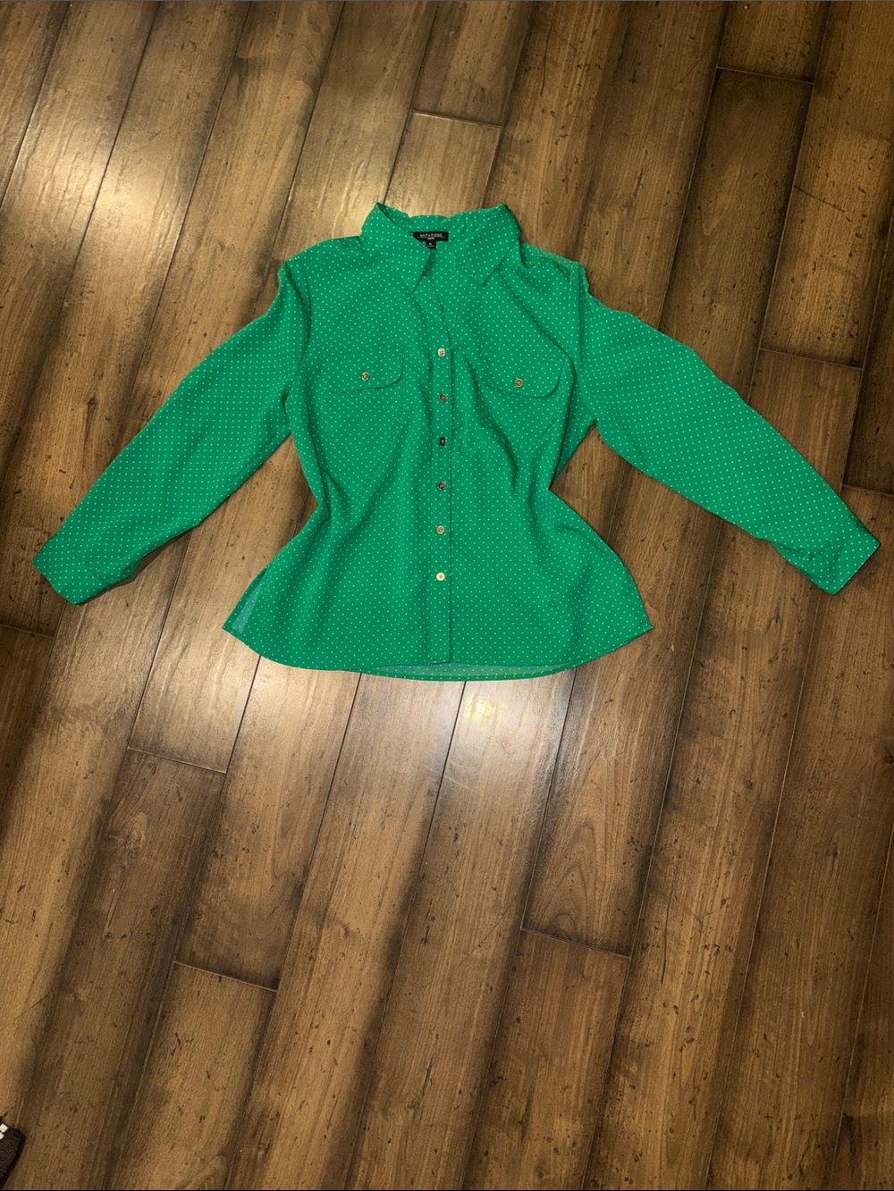 💚WOMEN’S GREEN AND WHITE POLKADOT LONG SLEEVE BUTTON-DOWN BLOUSE💚